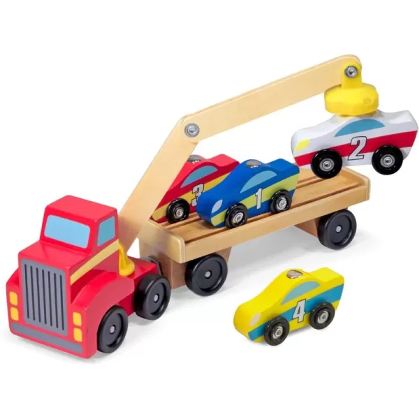 imageMelissa ampamp Doug Magnetic Car Loader Wooden Toy Set With 4 Cars and 1 SemiTrailer Truck