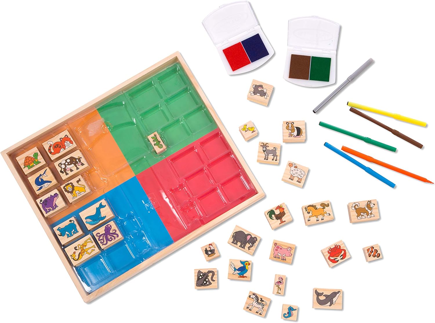 imageMelissa ampamp Doug Deluxe Wooden Stamp and Coloring Set  Fairy Tale 30 Stamps 6 Markers 2 Durable 2Color Pads  Fairy TaleThemed Stamps For Kids Activity SetDeluxe Wooden Stamp Set  Animals