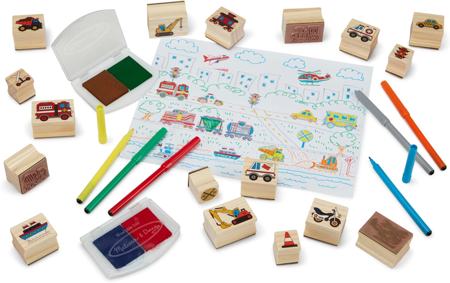 imageMelissa ampamp Doug Deluxe Wooden Stamp and Coloring Set  Fairy Tale 30 Stamps 6 Markers 2 Durable 2Color Pads  Fairy TaleThemed Stamps For Kids Activity SetVehicles