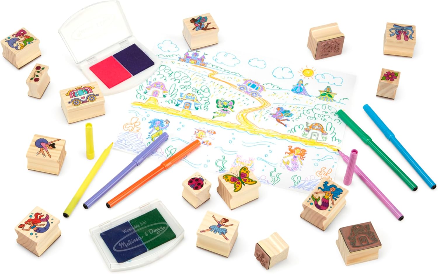 imageMelissa ampamp Doug Deluxe Wooden Stamp and Coloring Set  Fairy Tale 30 Stamps 6 Markers 2 Durable 2Color Pads  Fairy TaleThemed Stamps For Kids Activity SetFairy Tale