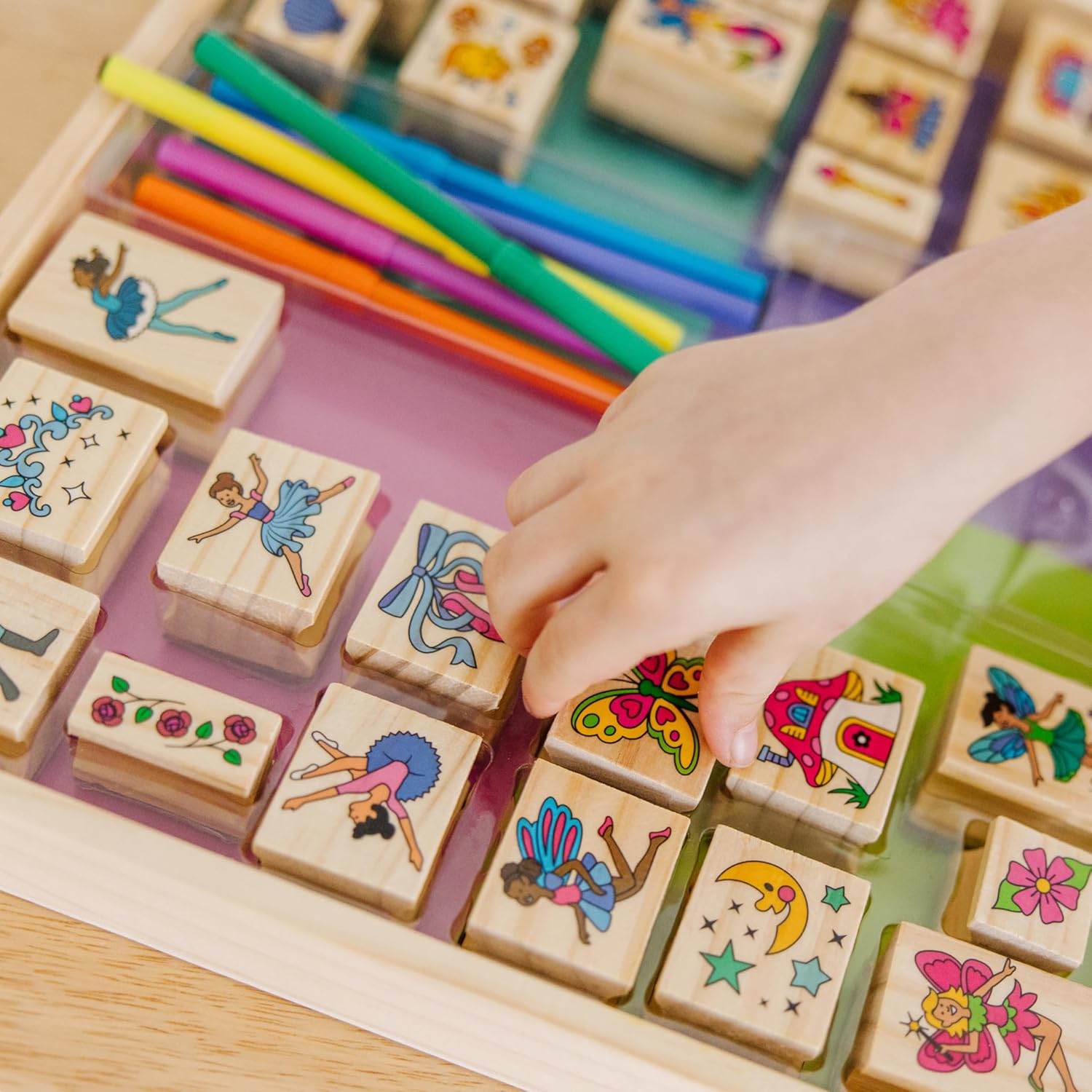 imageMelissa ampamp Doug Deluxe Wooden Stamp and Coloring Set  Fairy Tale 30 Stamps 6 Markers 2 Durable 2Color Pads  Fairy TaleThemed Stamps For Kids Activity SetFairy Tale