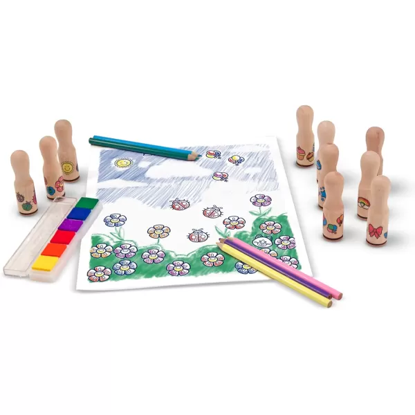 imageMelissa ampamp Doug Deluxe Happy Handle Stamp Set With 10 Stamps 5 Colored Pencils and 6Color Washable Ink Pad