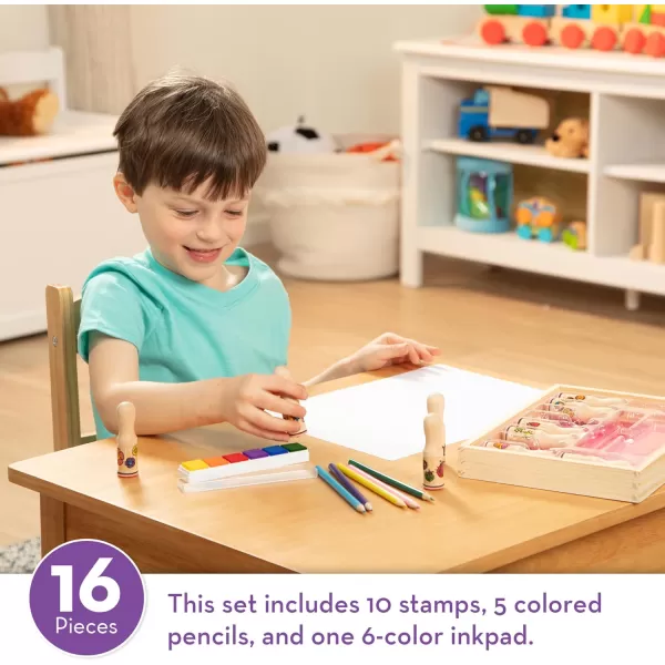 imageMelissa ampamp Doug Deluxe Happy Handle Stamp Set With 10 Stamps 5 Colored Pencils and 6Color Washable Ink Pad