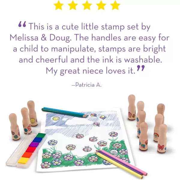 imageMelissa ampamp Doug Deluxe Happy Handle Stamp Set With 10 Stamps 5 Colored Pencils and 6Color Washable Ink Pad