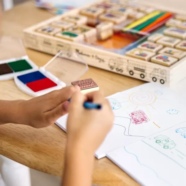 imageMelissa ampamp Doug Deluxe Wooden Stamp and Coloring Set  Fairy Tale 30 Stamps 6 Markers 2 Durable 2Color Pads  Fairy TaleThemed Stamps For Kids Activity SetVehicles