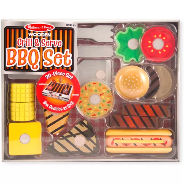 imageMelissa ampamp Doug Grill and Serve BBQ Set 20 pcs  Wooden Play Food and Accessories