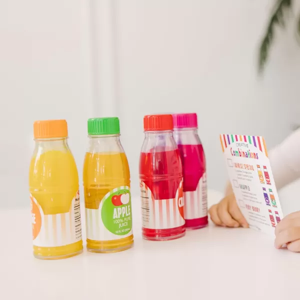 imageMelissa ampamp Doug Tip ampamp Sip Toy Juice Bottles and Activity Card 6 Pcs Pretend Play Food Set Play Kitchen Food For Ages 3Juice Bottles
