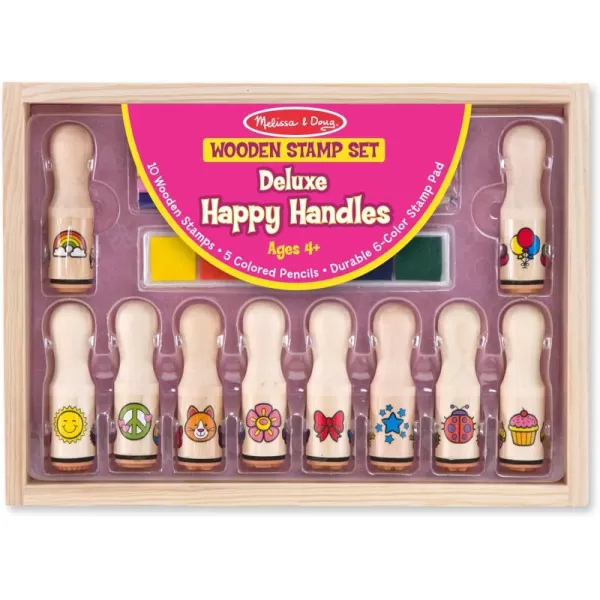 imageMelissa ampamp Doug Deluxe Happy Handle Stamp Set With 10 Stamps 5 Colored Pencils and 6Color Washable Ink Pad