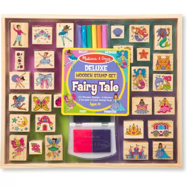 imageMelissa ampamp Doug Deluxe Wooden Stamp and Coloring Set  Fairy Tale 30 Stamps 6 Markers 2 Durable 2Color Pads  Fairy TaleThemed Stamps For Kids Activity SetFairy Tale