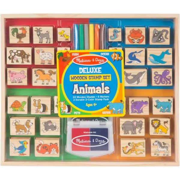 imageMelissa ampamp Doug Deluxe Wooden Stamp and Coloring Set  Fairy Tale 30 Stamps 6 Markers 2 Durable 2Color Pads  Fairy TaleThemed Stamps For Kids Activity SetDeluxe Wooden Stamp Set  Animals