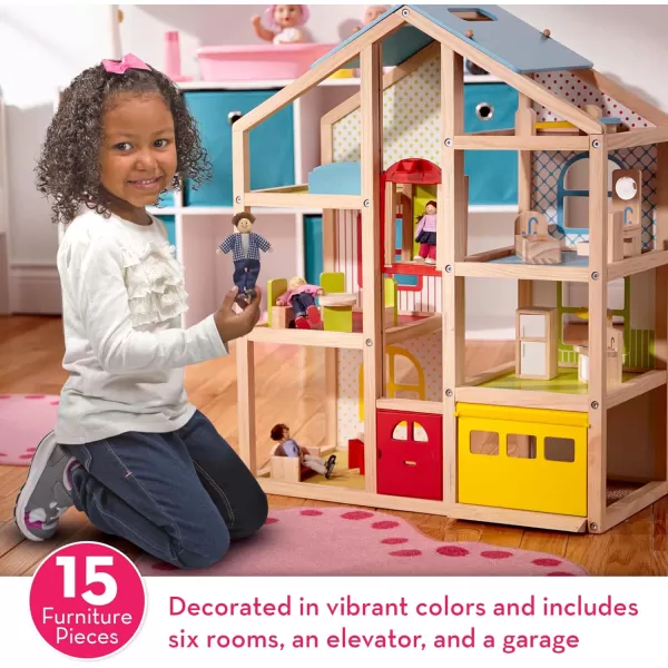 imageMelissa ampamp Doug HiRise Wooden Dollhouse With 15 pcs Furniture  Garage and Working Elevator