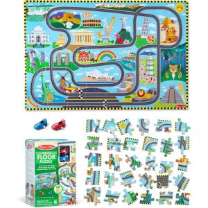 imageMelissa ampamp Doug Race Around The World Tracks Cardboard Jigsaw Floor Puzzle and WindUp Vehicles  48 Pieces for Boys and Girls 4  FSCCertified Materials