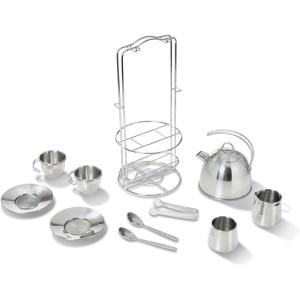 imageMelissa ampamp Doug Stainless Steel Pretend Play Tea Set and Storage Rack for Kids 11 pcs