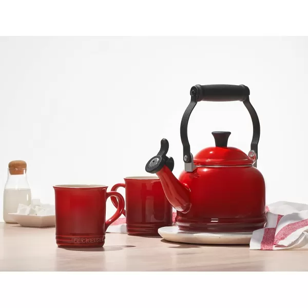 imageLe Creuset Enamel On Steel Demi Kettle ampamp Stoneware Set of 2 Mugs 125 qt Kettle ampamp 2 14 oz Mugs CeriseCerise