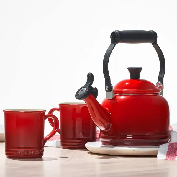 imageLe Creuset Enamel On Steel Demi Kettle ampamp Stoneware Set of 2 Mugs 125 qt Kettle ampamp 2 14 oz Mugs CeriseCerise