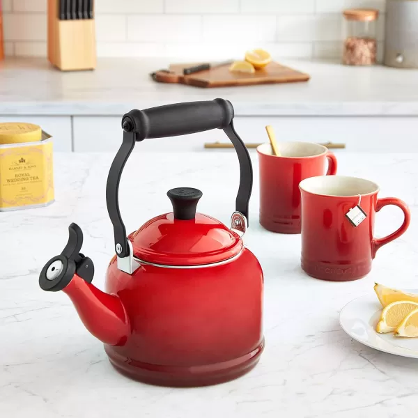 imageLe Creuset Enamel On Steel Demi Kettle ampamp Stoneware Set of 2 Mugs 125 qt Kettle ampamp 2 14 oz Mugs CeriseCerise