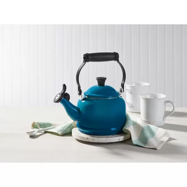 imageLe Creuset Enamel On Steel Demi Kettle ampamp Stoneware Set of 2 Mugs 125 qt Kettle ampamp 2 14 oz Mugs CeriseDeep Teal