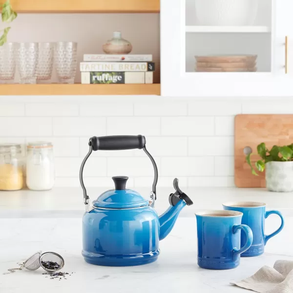 imageLe Creuset Enamel On Steel Demi Kettle ampamp Stoneware Set of 2 Mugs 125 qt Kettle ampamp 2 14 oz Mugs CeriseMarseille