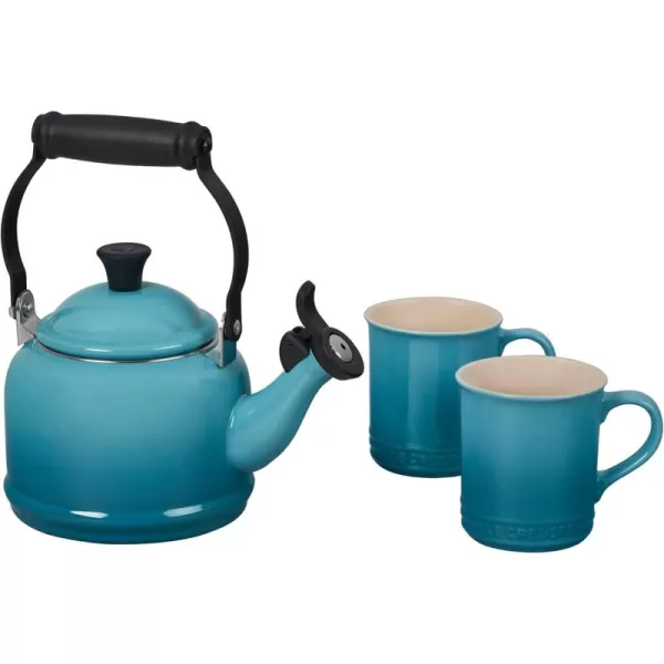 imageLe Creuset Enamel On Steel Demi Kettle ampamp Stoneware Set of 2 Mugs 125 qt Kettle ampamp 2 14 oz Mugs CeriseCaribbean