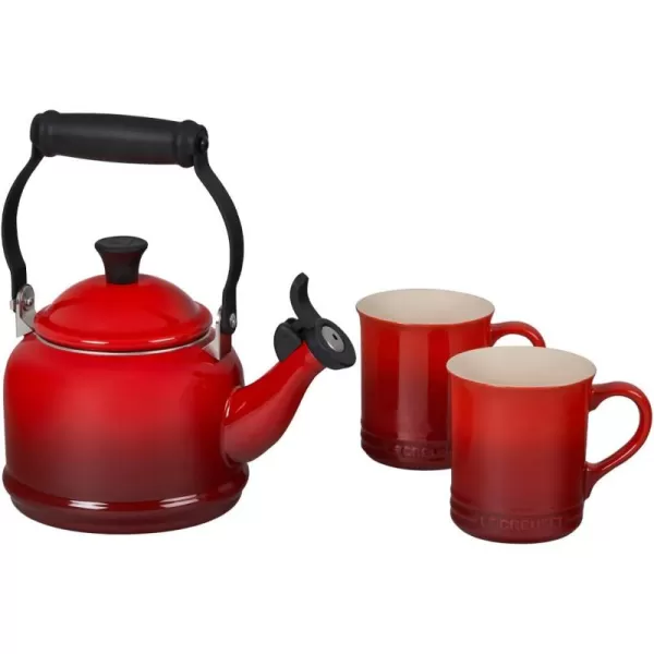 imageLe Creuset Enamel On Steel Demi Kettle ampamp Stoneware Set of 2 Mugs 125 qt Kettle ampamp 2 14 oz Mugs CeriseCerise