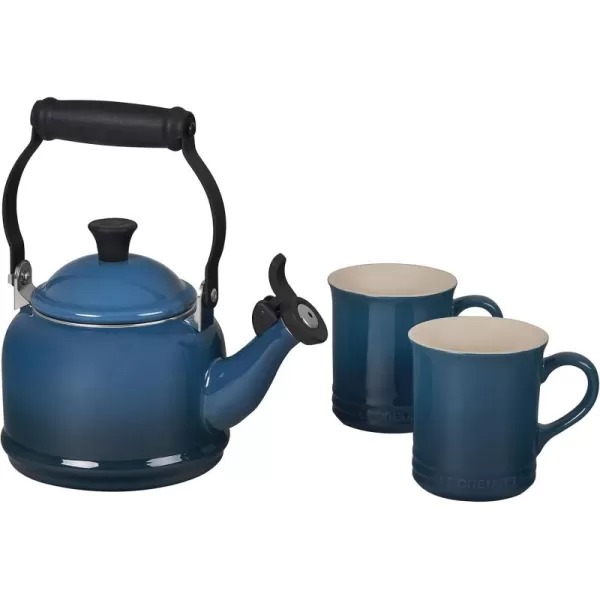 imageLe Creuset Enamel On Steel Demi Kettle ampamp Stoneware Set of 2 Mugs 125 qt Kettle ampamp 2 14 oz Mugs CeriseDeep Teal