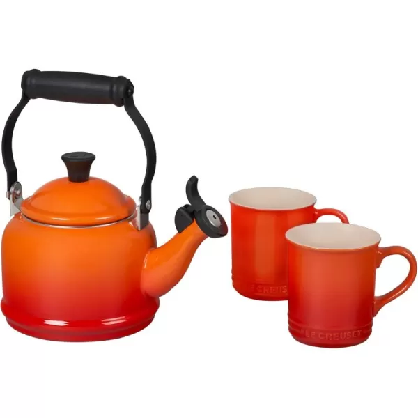 imageLe Creuset Enamel On Steel Demi Kettle ampamp Stoneware Set of 2 Mugs 125 qt Kettle ampamp 2 14 oz Mugs CeriseFlame