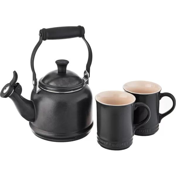 imageLe Creuset Enamel On Steel Demi Kettle ampamp Stoneware Set of 2 Mugs 125 qt Kettle ampamp 2 14 oz Mugs CeriseLicorice