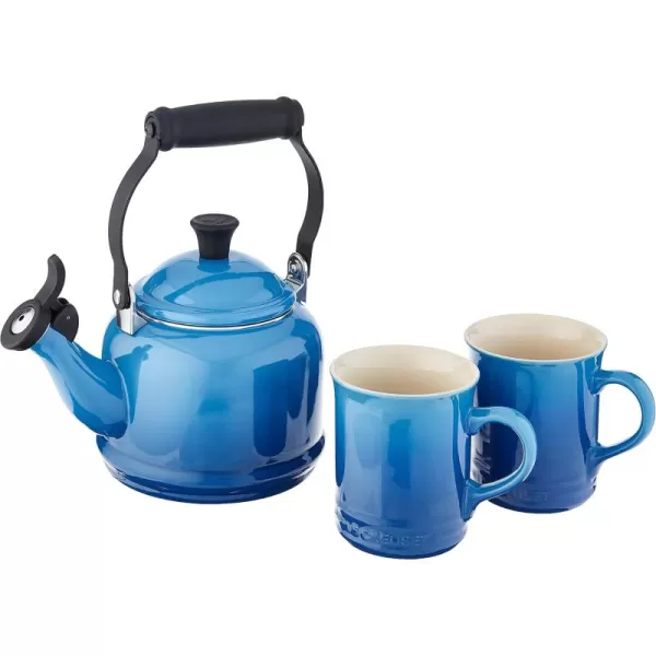 imageLe Creuset Enamel On Steel Demi Kettle ampamp Stoneware Set of 2 Mugs 125 qt Kettle ampamp 2 14 oz Mugs CeriseMarseille