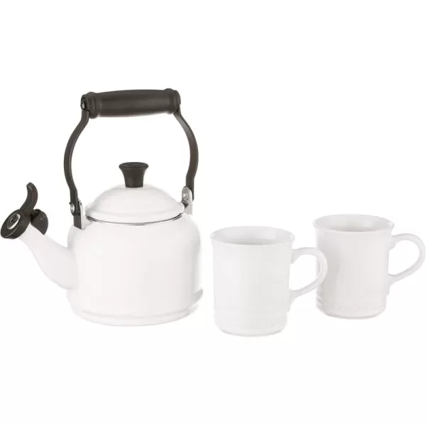 imageLe Creuset Enamel On Steel Demi Kettle ampamp Stoneware Set of 2 Mugs 125 qt Kettle ampamp 2 14 oz Mugs CeriseWhite