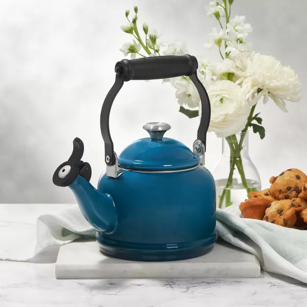 imageLe Creuset Enamel On Steel Demi Kettle with Metal Finishes ampamp Stoneware Set of 2 Mugs 125 qt Kettle ampamp 2 14 oz Mugs Sea SaltDeep Teal