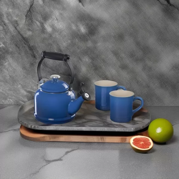 imageLe Creuset Enamel On Steel Demi Kettle with Metal Finishes ampamp Stoneware Set of 2 Mugs 125 qt Kettle ampamp 2 14 oz Mugs Sea SaltMarseille
