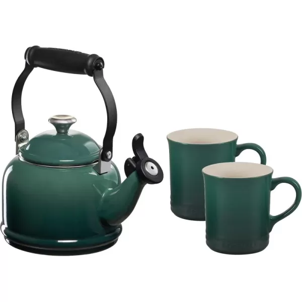 imageLe Creuset Enamel On Steel Demi Kettle with Metal Finishes ampamp Stoneware Set of 2 Mugs 125 qt Kettle ampamp 2 14 oz Mugs Sea SaltArtichaut