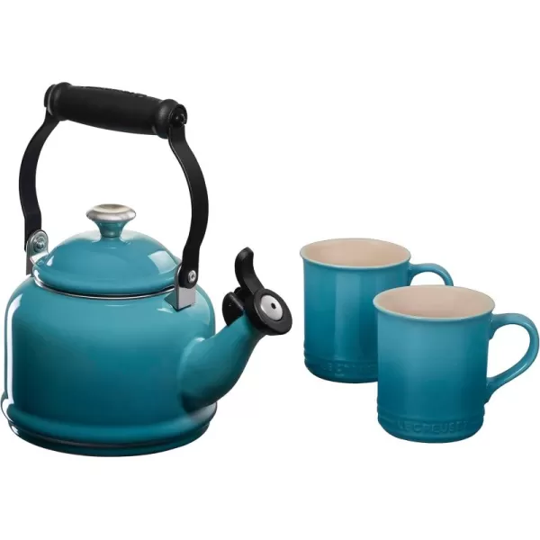 imageLe Creuset Enamel On Steel Demi Kettle with Metal Finishes ampamp Stoneware Set of 2 Mugs 125 qt Kettle ampamp 2 14 oz Mugs Sea SaltCaribbean