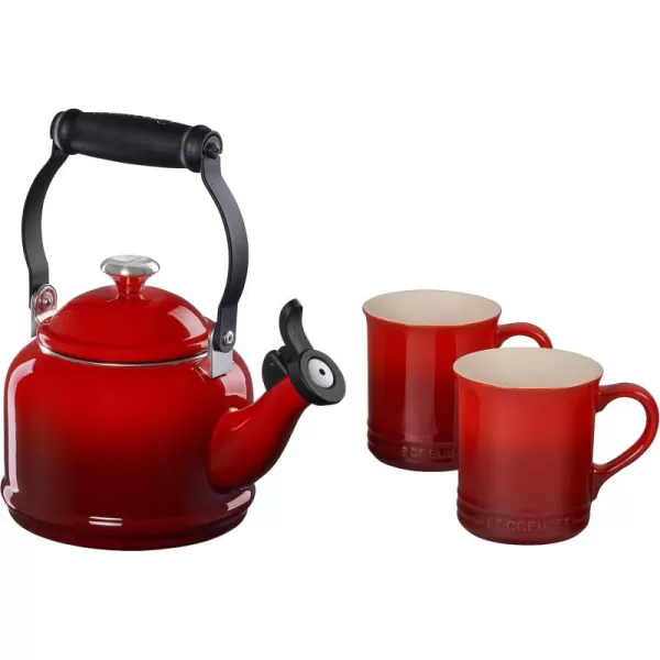 imageLe Creuset Enamel On Steel Demi Kettle with Metal Finishes ampamp Stoneware Set of 2 Mugs 125 qt Kettle ampamp 2 14 oz Mugs Sea SaltCerise