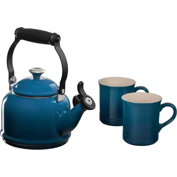 imageLe Creuset Enamel On Steel Demi Kettle with Metal Finishes ampamp Stoneware Set of 2 Mugs 125 qt Kettle ampamp 2 14 oz Mugs Sea SaltDeep Teal