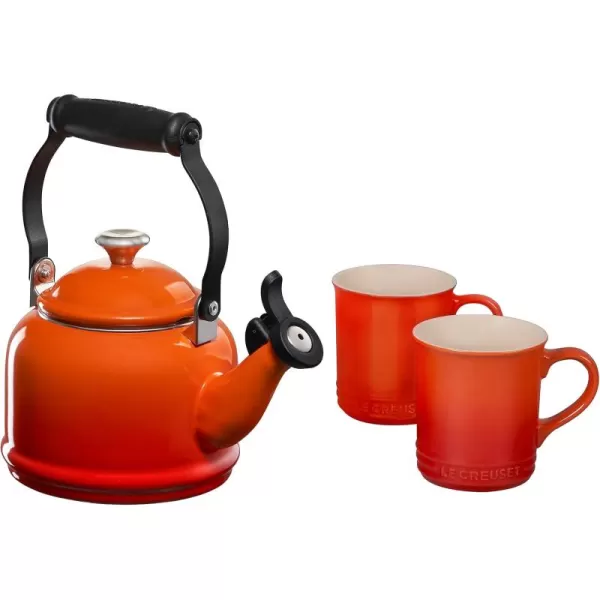 imageLe Creuset Enamel On Steel Demi Kettle with Metal Finishes ampamp Stoneware Set of 2 Mugs 125 qt Kettle ampamp 2 14 oz Mugs Sea SaltFlame