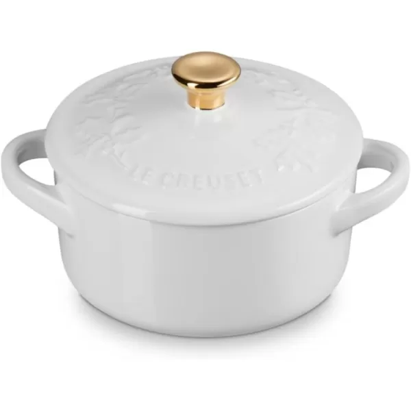 imageLe Creuset Stoneware Holly Collection Mini Round Cocotte 8 Oz Artichaut with Gold KnobWhite