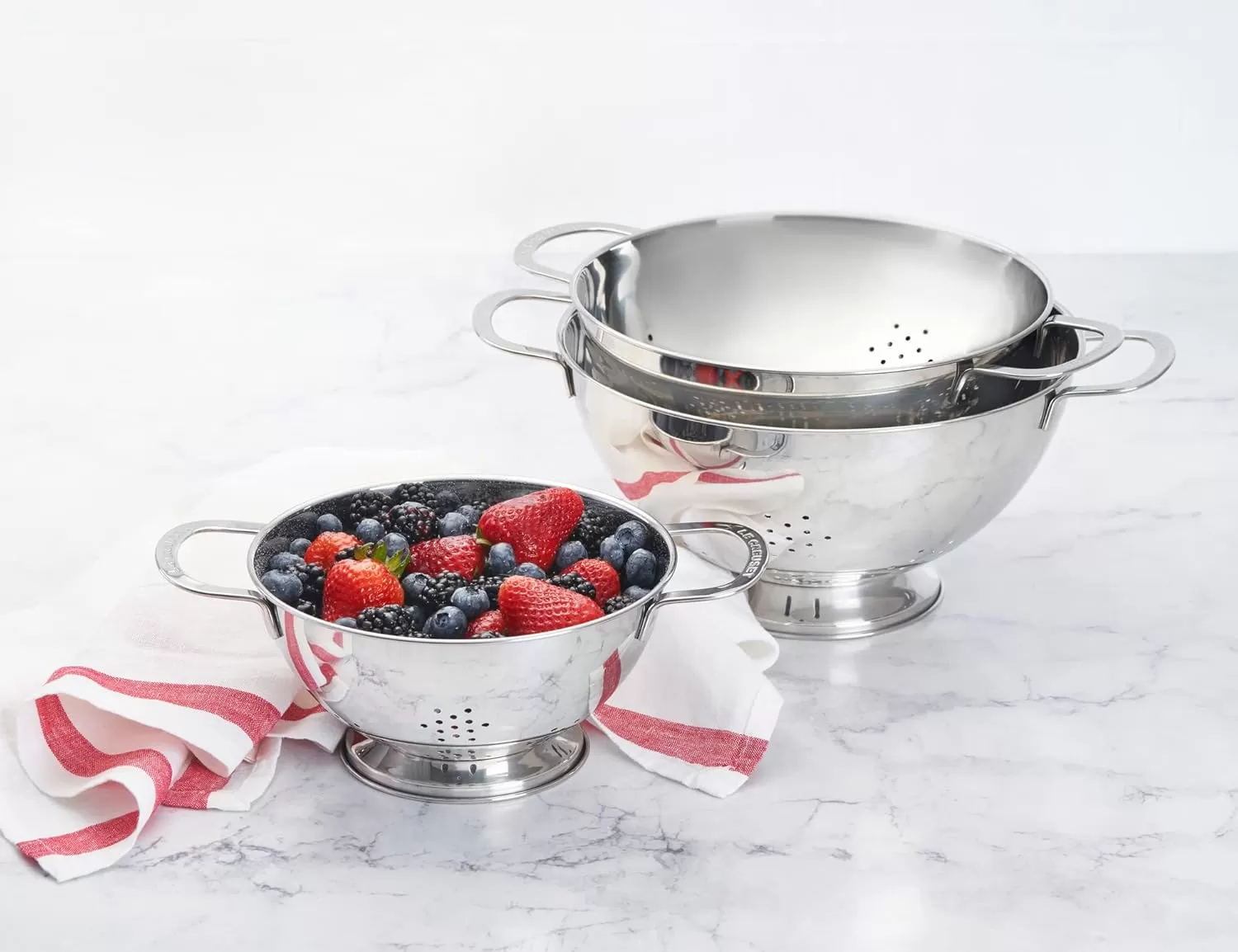 imageLe Creuset Set of 3 Nested Mixing Bowls wNonslip Silicone Base ampamp Plastic Air Tight Lids Large Stainless SteelColanders