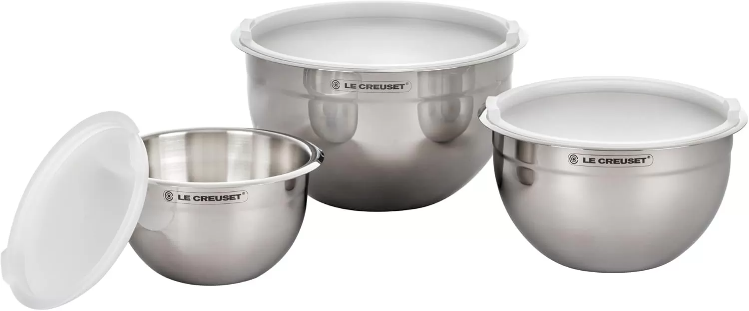 imageLe Creuset Set of 3 Nested Mixing Bowls wNonslip Silicone Base ampamp Plastic Air Tight Lids Large Stainless SteelMixing Bowls