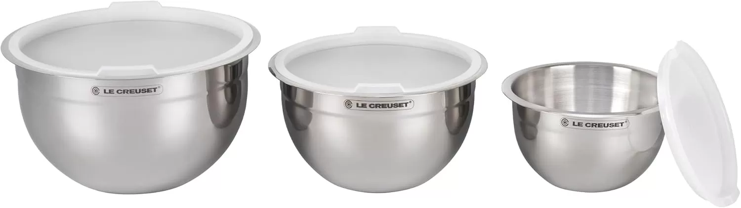 imageLe Creuset Set of 3 Nested Mixing Bowls wNonslip Silicone Base ampamp Plastic Air Tight Lids Large Stainless SteelMixing Bowls
