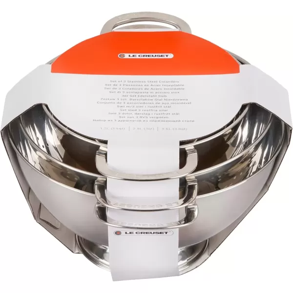 imageLe Creuset Set of 3 Nested Mixing Bowls wNonslip Silicone Base ampamp Plastic Air Tight Lids Large Stainless SteelColanders