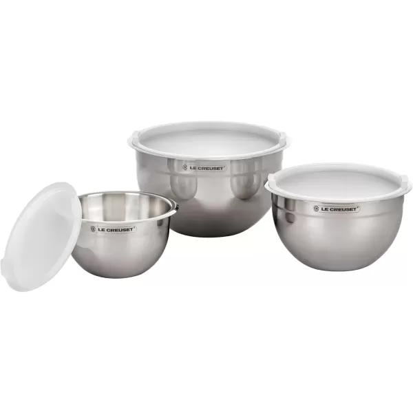 imageLe Creuset Set of 3 Nested Mixing Bowls wNonslip Silicone Base ampamp Plastic Air Tight Lids Large Stainless SteelMixing Bowls
