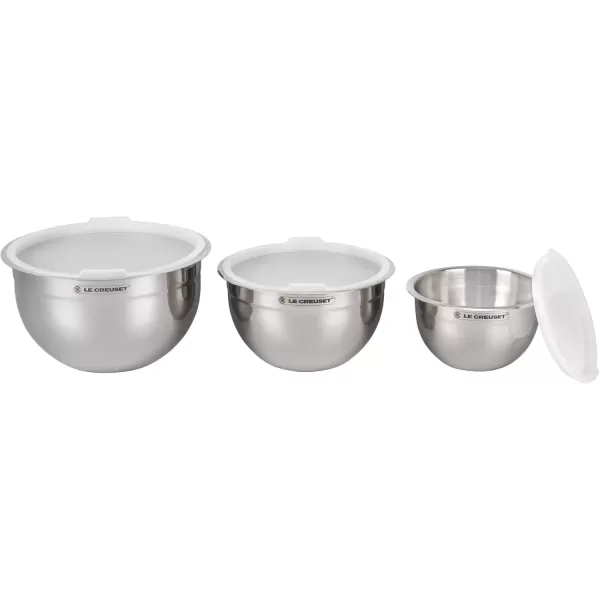 imageLe Creuset Set of 3 Nested Mixing Bowls wNonslip Silicone Base ampamp Plastic Air Tight Lids Large Stainless SteelMixing Bowls