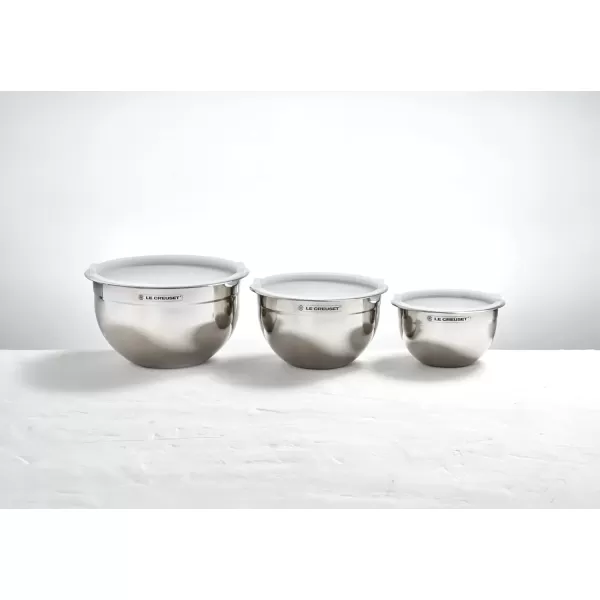 imageLe Creuset Set of 3 Nested Mixing Bowls wNonslip Silicone Base ampamp Plastic Air Tight Lids Large Stainless SteelMixing Bowls
