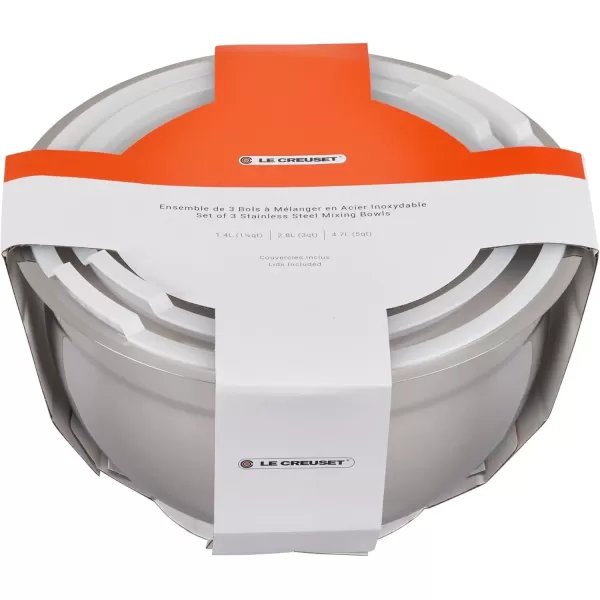 imageLe Creuset Set of 3 Nested Mixing Bowls wNonslip Silicone Base ampamp Plastic Air Tight Lids Large Stainless SteelMixing Bowls