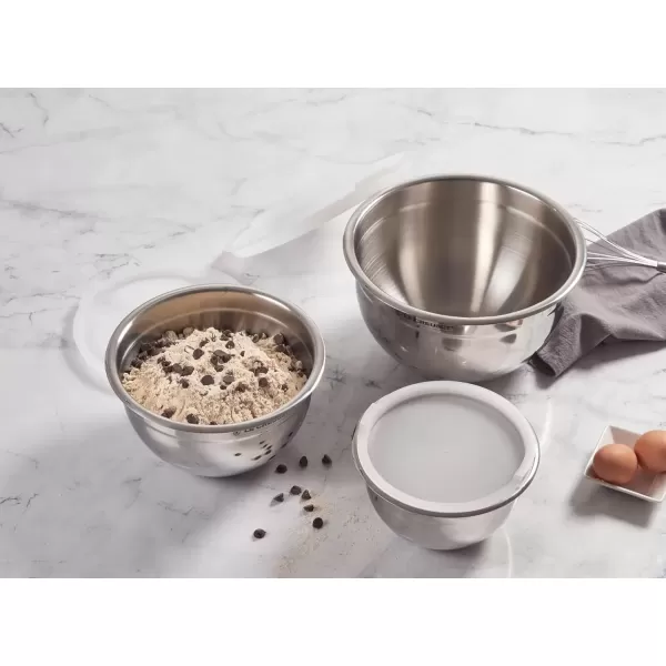 imageLe Creuset Set of 3 Nested Mixing Bowls wNonslip Silicone Base ampamp Plastic Air Tight Lids Large Stainless SteelMixing Bowls