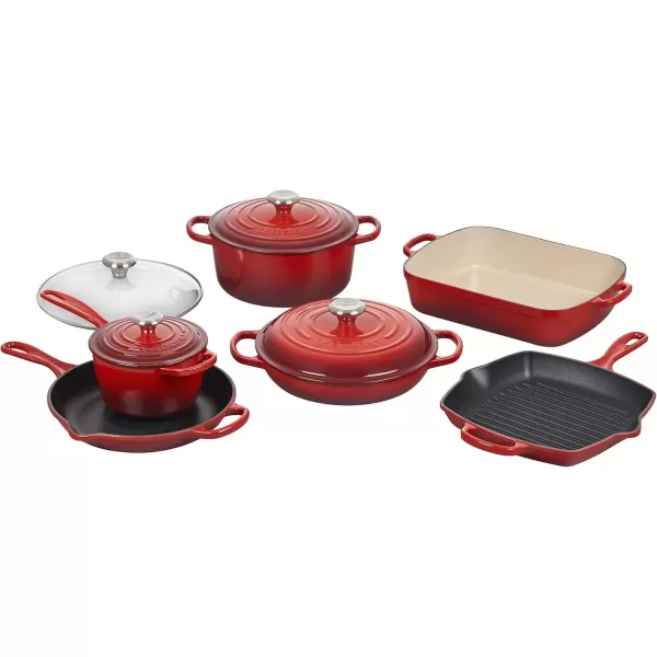 imageLe Creuset Signature Enameled CastIron Cookware Set 10Piece WhiteCerise