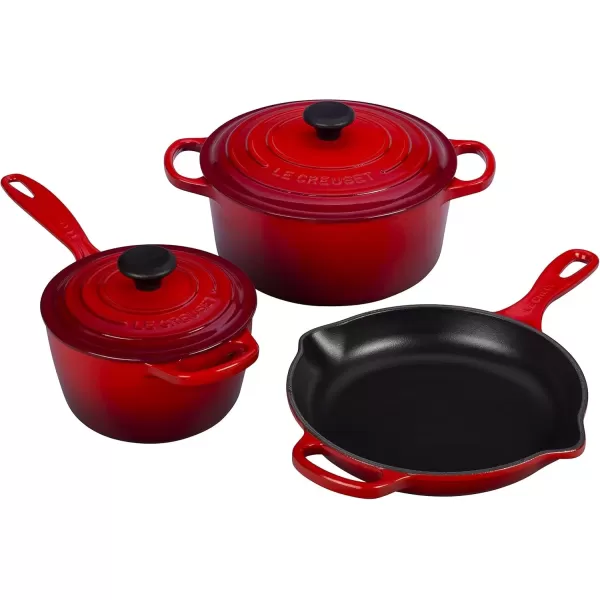 imageLe Creuset Signature Enameled CastIron Cookware Set 10Piece WhiteCerise