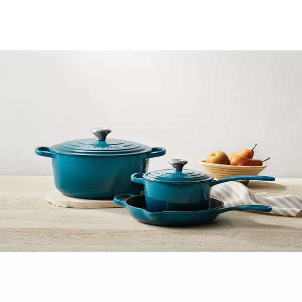 imageLe Creuset Signature Enameled CastIron Cookware Set 10Piece WhiteDeep Teal