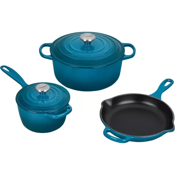 imageLe Creuset Signature Enameled CastIron Cookware Set 10Piece WhiteDeep Teal